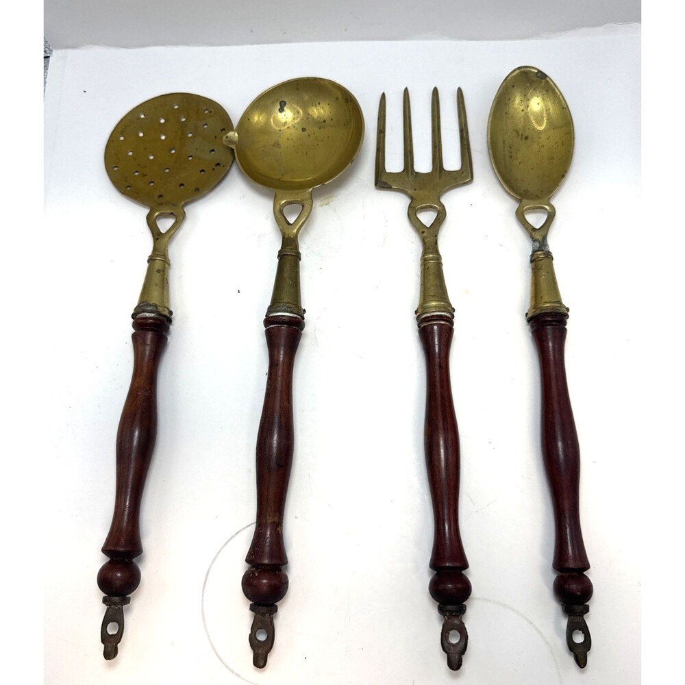 Antique Brass and Wooden 4 piece Kitchen Accessory Utensils Tools Set